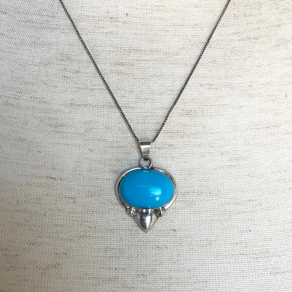 VTG Sterling Silver 925 Taxco Mexico Turquoise Cabochon Pendant Necklace 18" - Picture 13 of 16